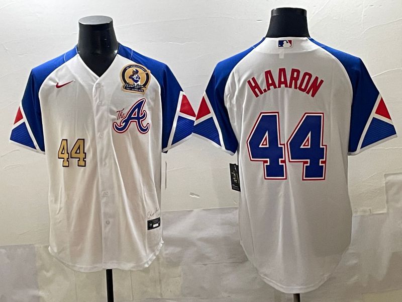 Men 2025 Atlanta Braves #44 H.Aaron White blue City Edition Nike MLB Jersey style 6